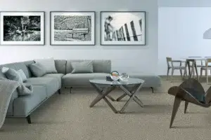 Modern living room with a light gray sectional, glass coffee table, and three framed black-and-white photos on the wall above a beige carpet.