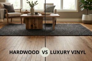 Split-screen living room showing hardwood flooring on left and luxury vinyl on right with a central divider and text'Hardwood vs Luxury Vinyl'—room features a coffee table, rug, and plants.